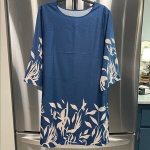 Blue Dress with White Leaf Pattern